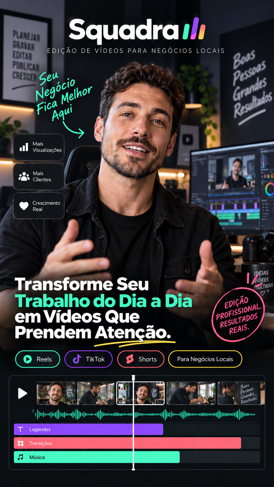 Arte promocional da Squadra mostrando edição profissional de vídeos